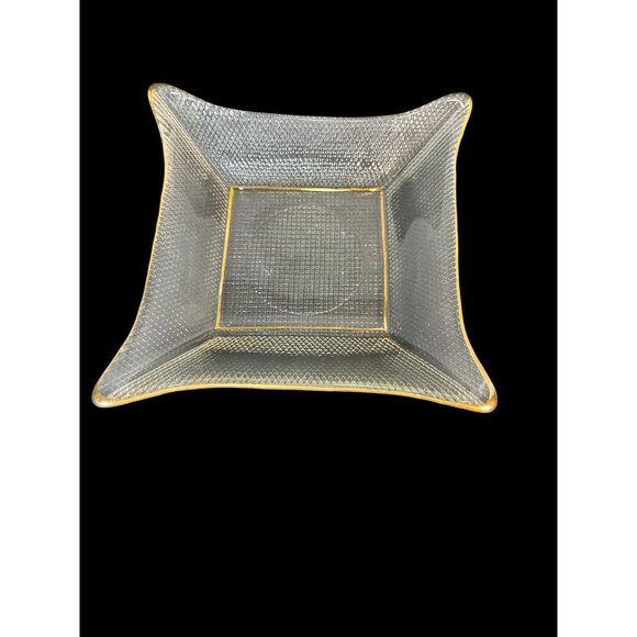 Waffle Pressed Clear Glass Dish Gold Trim Textured MCM Square Trinket Caddy VTG - Picture 3 of 12